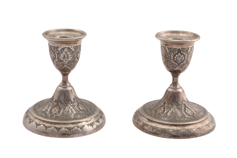 A pair of mid-20th century Iranian (Persian) unmarked silver dwarf candlesticks, Isfahan circa 1960