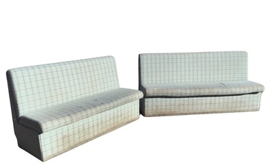 A pair of tartan upholstered benches, the rectangular backs and...