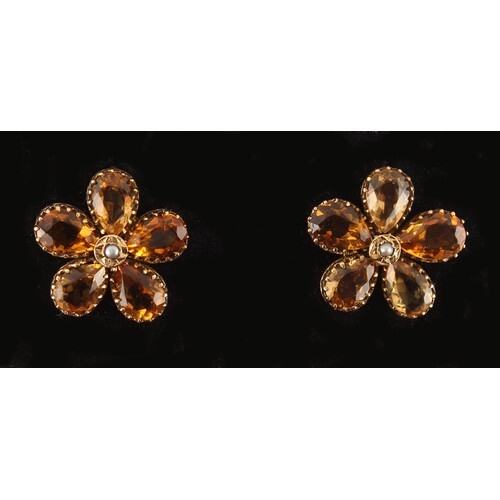 A pair of topaz & seed pearl flowerhead earrings, for pierce...