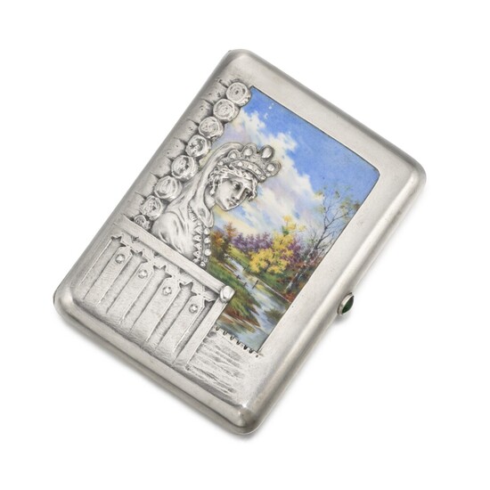 A parcel gilt silver and pictorial enamel cigarette case, maker in Cyrillic 'A Kh', Moscow, 1908-1917