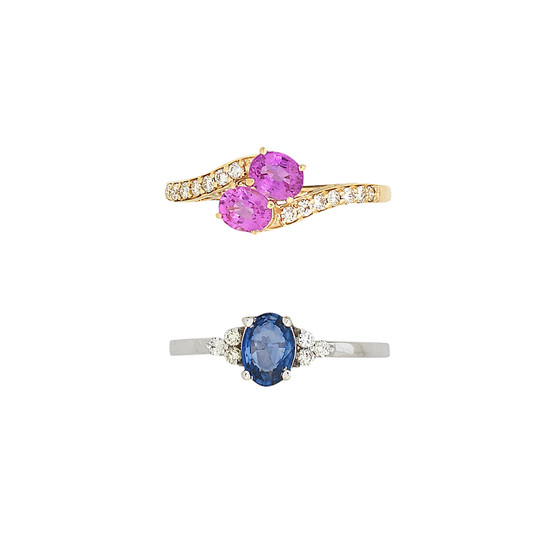 A sapphire and diamond ring and a pink sapphire and diamond ring