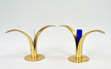 A set of 2 'Liljan' brass/glass candlesticks, JBE-kunst, Sweden.