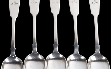 A set of 5 William IV silver Fiddle pattern teaspoons, Willi...