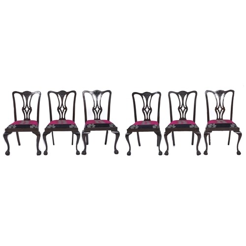 A set of six Edwardian ebonised mahogany dining chairs, with...