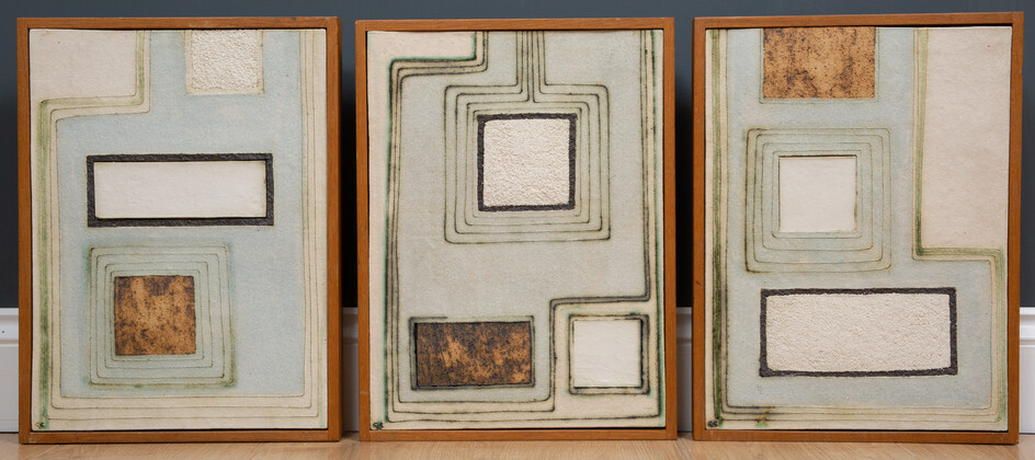 A set of three art pottery ceramic tile pictures