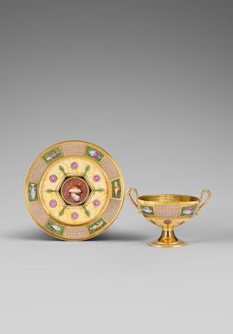A very rare Sèvres footed bowl (coupe à bouillon hémisphérique) and stand, circa 1813-14