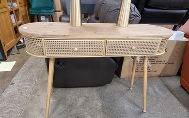 A wood and rattan effect two drawer console table