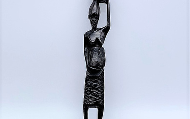 AFRICAN WOOD FIGURE - EAST AFRICAN - MOTIF WOMAN CARRIES BASKET ON HER HEAD - HAND-CARVED.