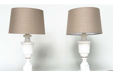 ALBASTER TABLE LAMPS, a pair, urn form on square plinth base...
