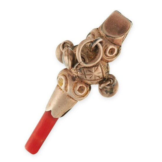AN ANTIQUE CORAL WHISTLE PENDANT in yellow gold
