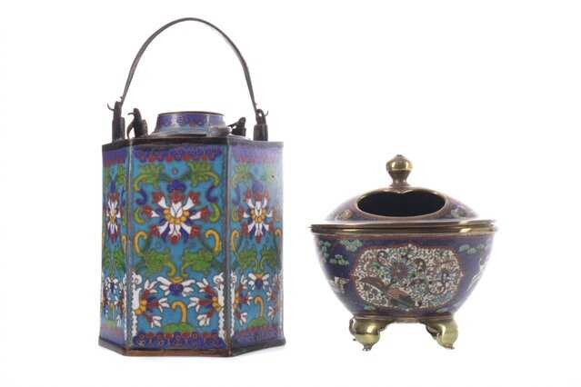 AN EARLY 20TH CENTURY CHINESE CLOISONNÉ TEAPOT AND COVER, ALONG WITH AN INCENSE BURNER