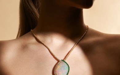AN OPAL, EMERALD AND DIAMOND PENDANT NECKLACE comprising a row of round brilliant cut diamonds, s...
