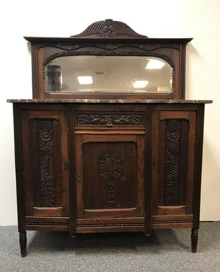 ANTIQUE CARVED OAK MARBLE TOP DRESSER WITH MIRROR