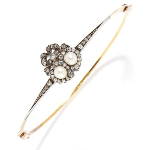 ANTIQUE PEARL AND DIAMOND SWEETHEART BANGLE in yellow