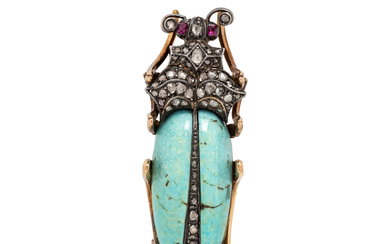 ANTIQUE, TURQUOISE, RUBY, AND DIAMOND BEETLE BROOCH