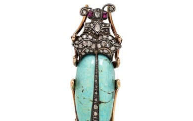 ANTIQUE, TURQUOISE, RUBY, AND DIAMOND BEETLE BROOCH