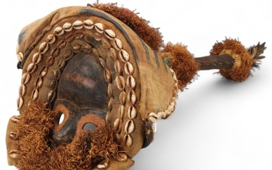 African Dan mask headdress, with fabric and shell mount, Ivo...