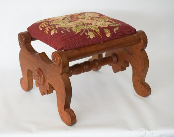 American Classical Walnut & Upholstered Footstool
