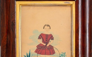 American Girl's Portrait Watercolor, 19th C.