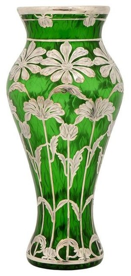 American Sterling Silver Overlay Green Glass Vase