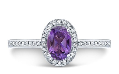 Amethyst Oval & Diamond Halo Ring In 14k White Gold (0.20ctw)