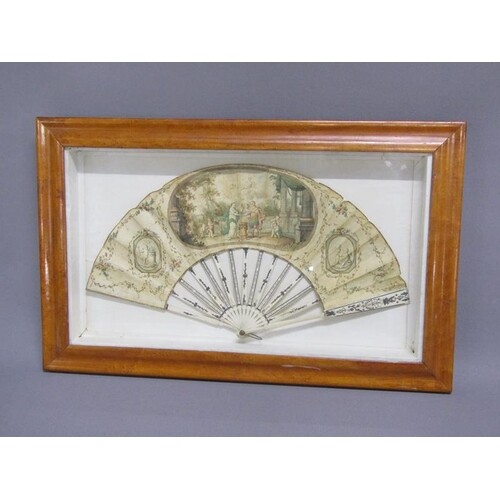An 18c painted fan with decorated bone sticks, 52cm l overal...
