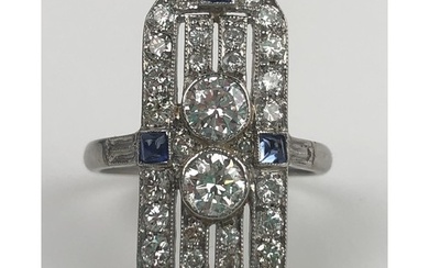 An Art Deco style platinum, sapphire and diamond panel ring,...