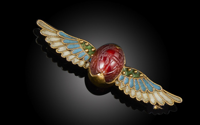 An Egyptian Revival carnelian, gold and enamel brooch, second half 19th century, set with a