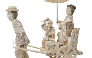 An early 20th century Japanese carved ivory depicting a rickshaw and passenger group