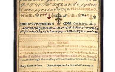 An early-to-mid 20th century alphabetical and biblical sampler embroidered with...