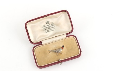 An unmarked yellow gold diamond & enamel Pheasant brooch, se...