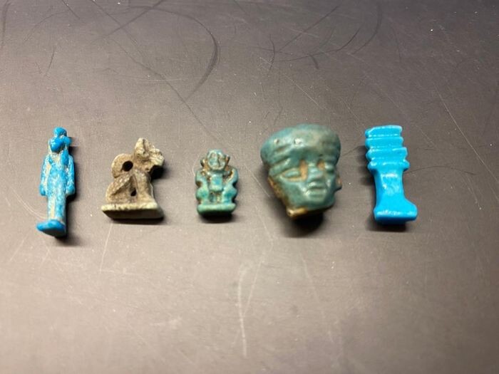 Ancient Egyptian faience Set of amulets, Sekhmet, Bastet, Bes, Pataiko head, Djet column - (2.3×0.6×0.4 cm)