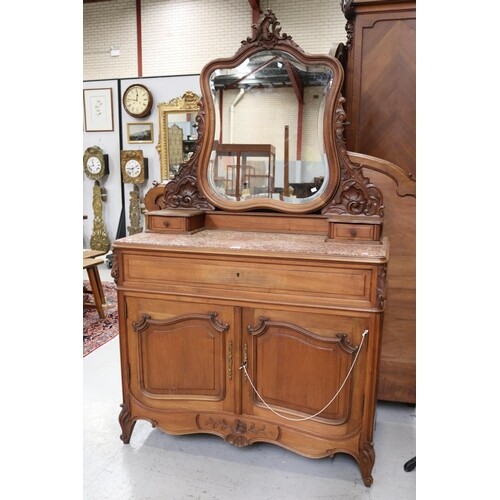 Antique French Louis XV style cabinet with marble top & mirr...