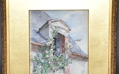 Antique Watercolor roses around roof gable, signed Madelaine Lemaire. sight size 11 x 9 inches.