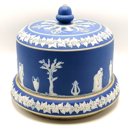 Antique blue & white relief moulded stilton dome on stand - ...