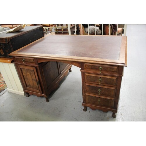 Antique / vintage walnut twin pedestal partnership desk with...