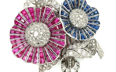 Art Deco Platinum Burma Ruby Sapphire and Diamond Flower Brooch