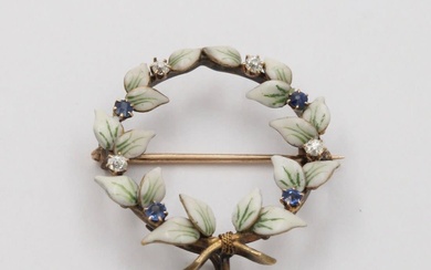Art Nouveau Enamel, Diamond, and Sapphire Wreath Pin, Antique Fob