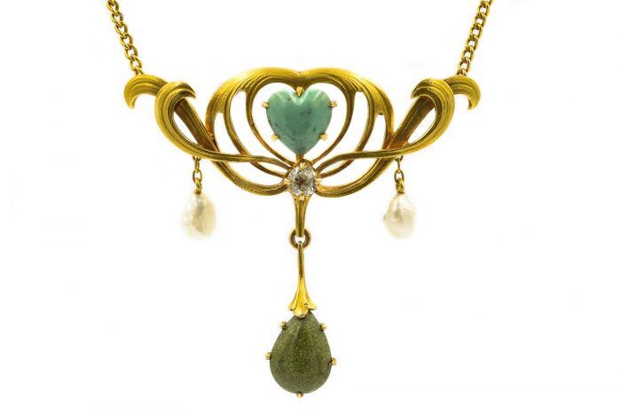 Art Nouveau Yellow Gold Turquoise Natural Pearl and