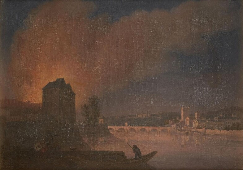 Attributed to Jean Henry d'Arles, French 1734-1784- Fire in the Rhone Valley; oil on canvas, 28.4 x 40.5 cm. Note: Owing his name to the town in which he was born, Henry spent the majority of his artistic career working around Marseille and Arles...