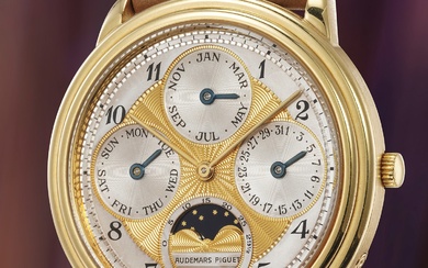 Audemars Piguet, Ref. 25657BA An extremely rare, whimsical and highly collectible perpetual calendar wristwatch with moonphases, two-tone guilloché dial and Breguet numerals