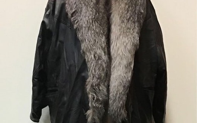 Black Leather Coat Indigo Fox Collar Fur Jacket