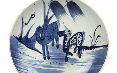 Blue and white porcelain shallow dish Chinese painted with two...