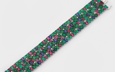 Bracelet-bracelet multicolore extravagant en or blanc, taille 750. Serti sur le côté d'émeraudes vert vif...