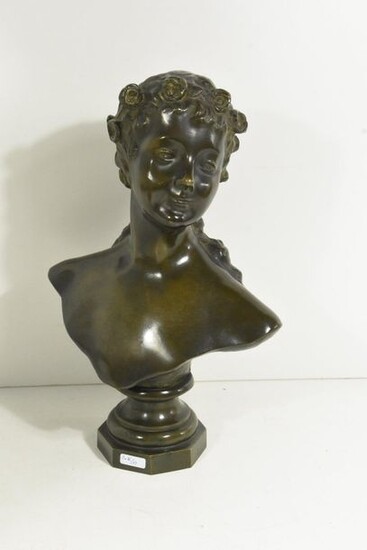 Bust of young woman in patinated bronze, signed Auvray Charles (Ht.36cm)