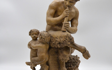 CLAUDE MICHEL CLODION. TERRACOTTA GROUP OF PAN AND TWO INFANT SATYR, 1770-1800, WITH SIGNATURE.