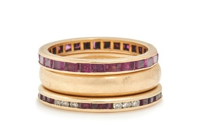 COLLECTION OF YELLOW GOLD, RUBY AND DIAMOND BANDS