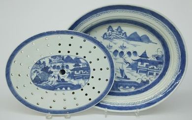 Canton Oval Meat Platter with Strainer, 19th Century