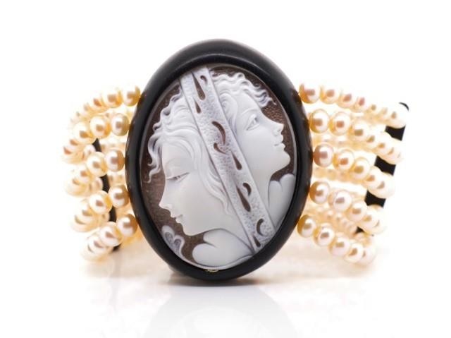 Carved cameo, jet and pink pearl bracelet Approx panel size ...