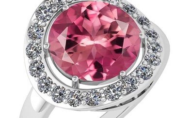 Certified 4.08 Ctw Pink Tourmaline And Diamond Halo Ring 14K White Gold